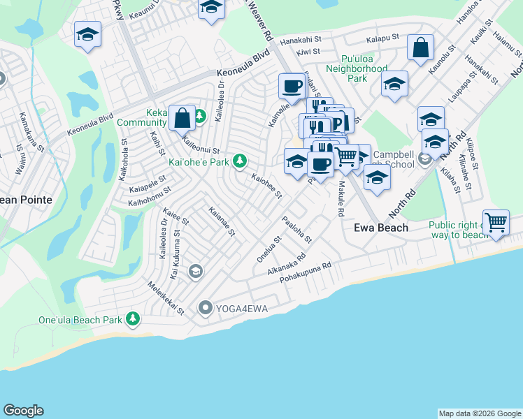 map of restaurants, bars, coffee shops, grocery stores, and more near 91-1031 Kaikala Street in Ewa Beach