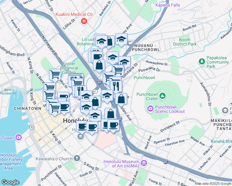 map of restaurants, bars, coffee shops, grocery stores, and more near 202 Huali Street in Honolulu