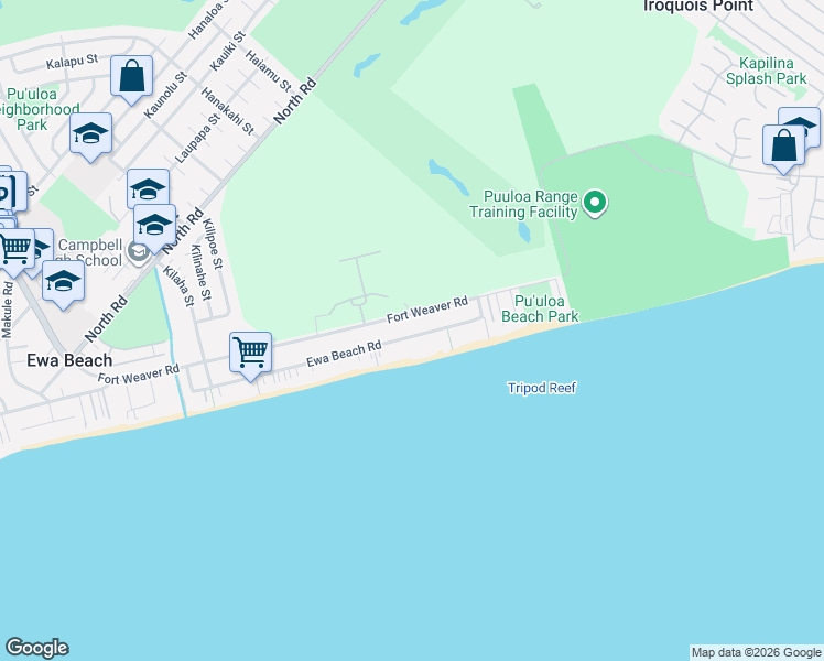 map of restaurants, bars, coffee shops, grocery stores, and more near 91-216 Ewa Beach Road in Ewa Beach