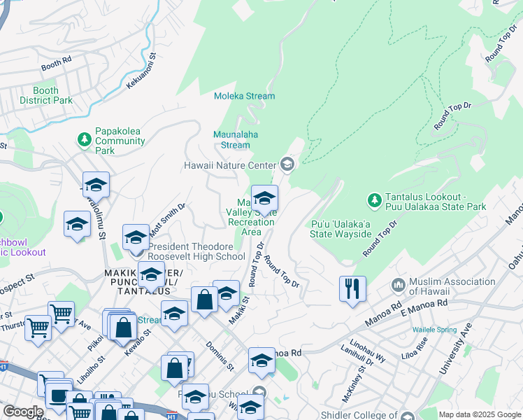 map of restaurants, bars, coffee shops, grocery stores, and more near 2179 Makiki Heights Drive in Honolulu