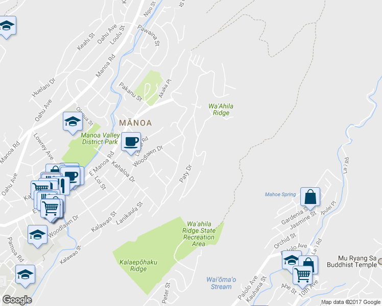 map of restaurants, bars, coffee shops, grocery stores, and more near 3344 Paty Dr in Honolulu