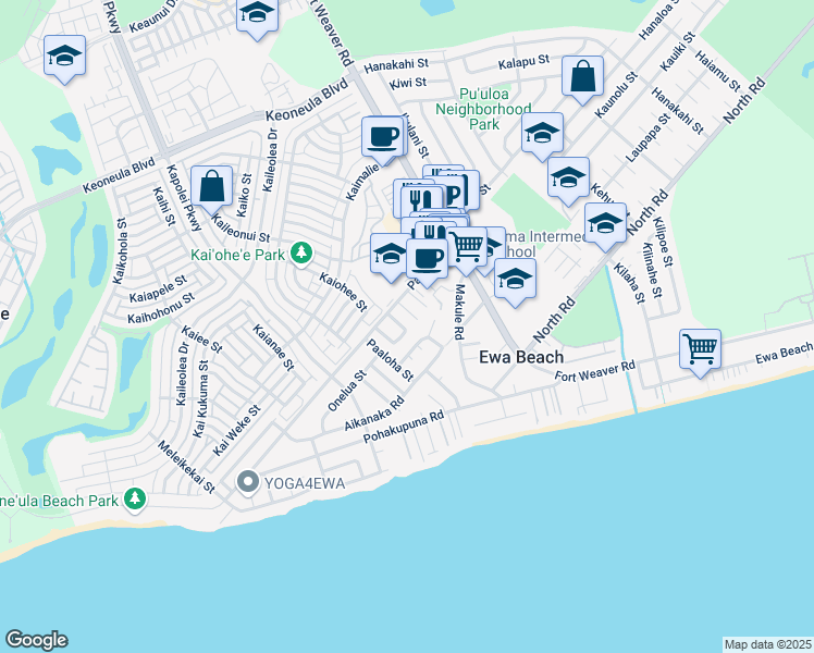 map of restaurants, bars, coffee shops, grocery stores, and more near 91-673 Laukona Loop in Ewa Beach