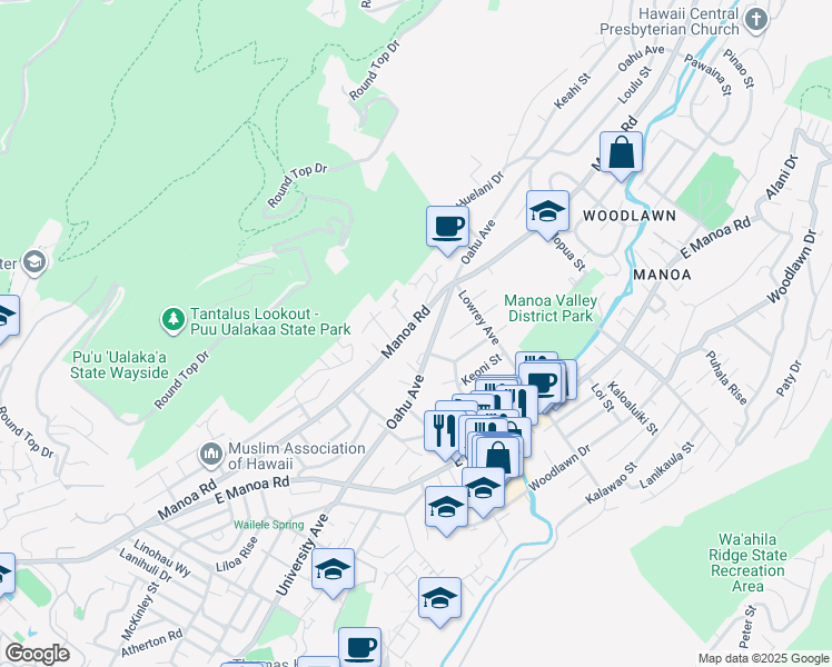 map of restaurants, bars, coffee shops, grocery stores, and more near 2925 Manoa Road in Honolulu