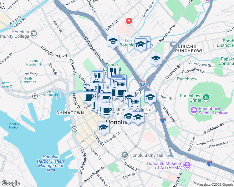 map of restaurants, bars, coffee shops, grocery stores, and more near 1325 Nuuanu Avenue in Honolulu