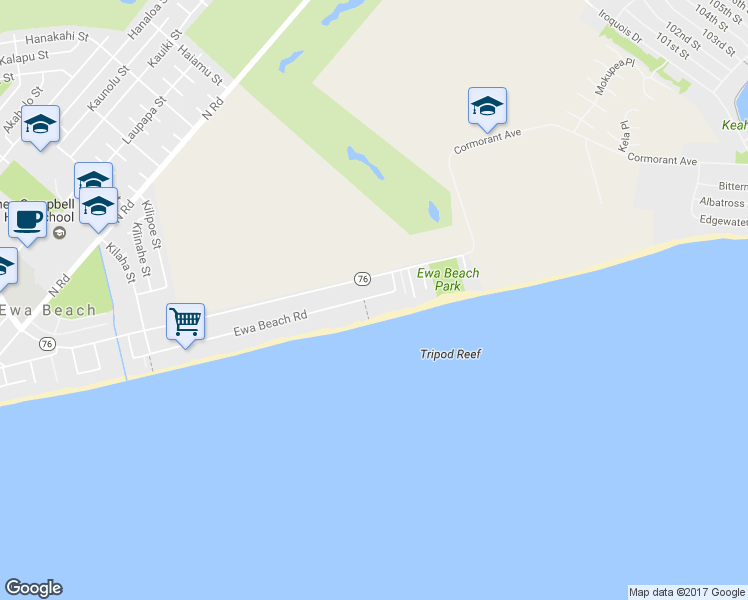 map of restaurants, bars, coffee shops, grocery stores, and more near 91-163 Ewa Beach Road in Ewa Beach
