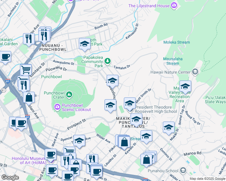 map of restaurants, bars, coffee shops, grocery stores, and more near 615 Auwaiolimu Street in Honolulu