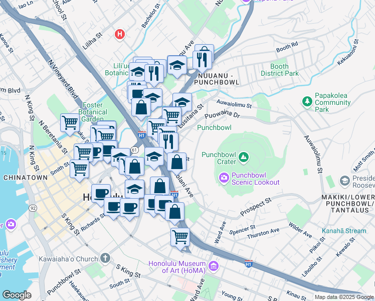 map of restaurants, bars, coffee shops, grocery stores, and more near 217 Prospect Street in Honolulu