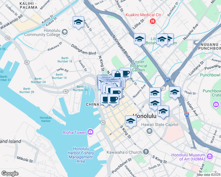 map of restaurants, bars, coffee shops, grocery stores, and more near 175 North Pauahi Street in Honolulu