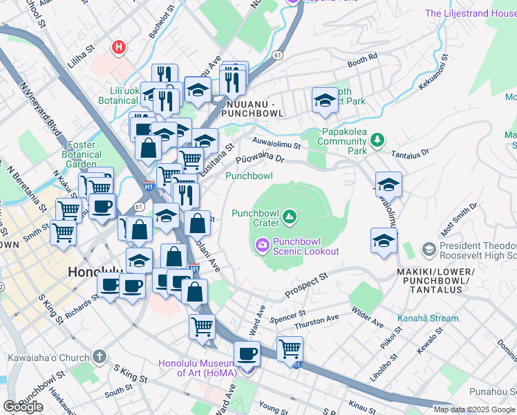 map of restaurants, bars, coffee shops, grocery stores, and more near in Honolulu