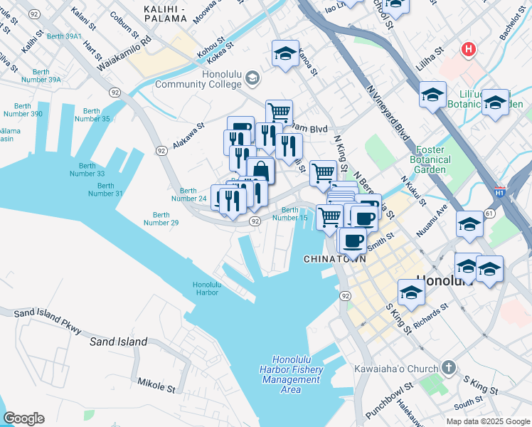 map of restaurants, bars, coffee shops, grocery stores, and more near 550 North Nimitz Highway in Honolulu