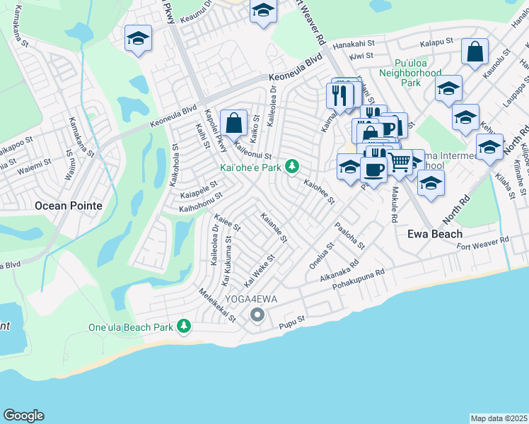 map of restaurants, bars, coffee shops, grocery stores, and more near 91-1015 Kaianae Street in Ewa Beach
