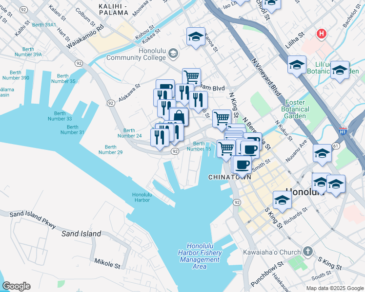 map of restaurants, bars, coffee shops, grocery stores, and more near 550 North Nimitz Highway in Honolulu