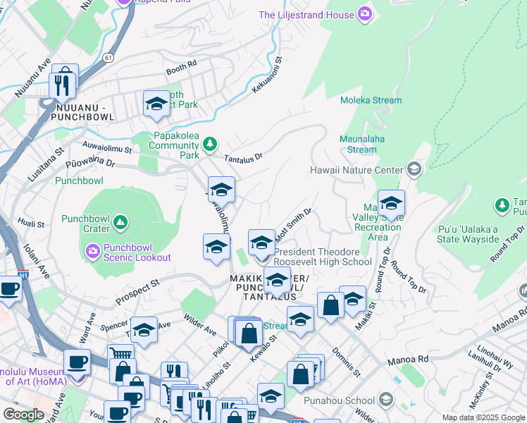 map of restaurants, bars, coffee shops, grocery stores, and more near 2025 Haalelea Place in Honolulu