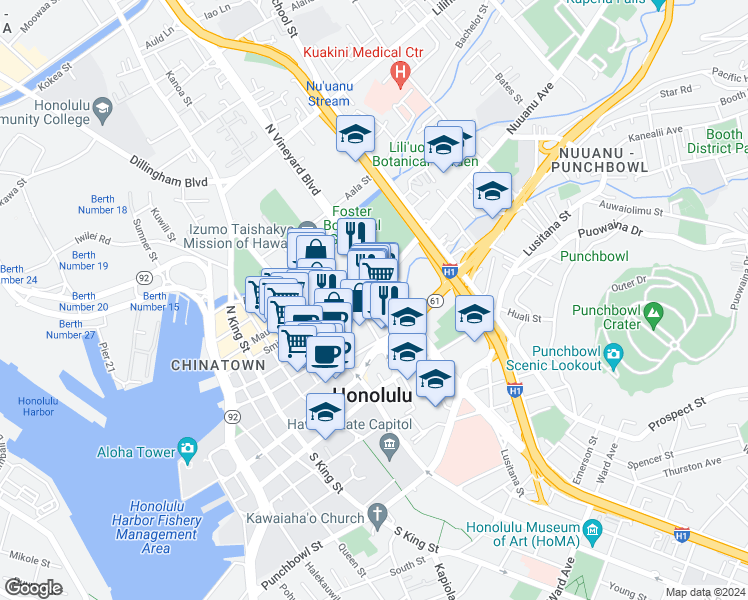 map of restaurants, bars, coffee shops, grocery stores, and more near 1374 Nuuanu Avenue in Honolulu