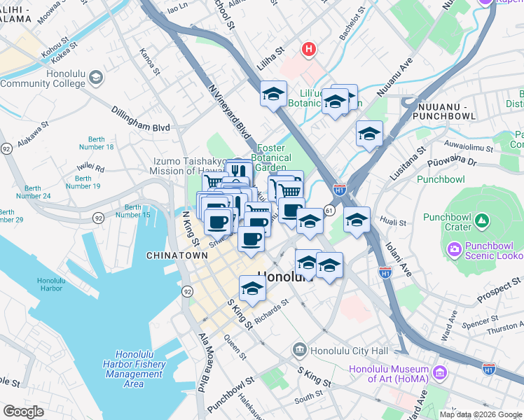 map of restaurants, bars, coffee shops, grocery stores, and more near 1245 Maunakea Street in Honolulu