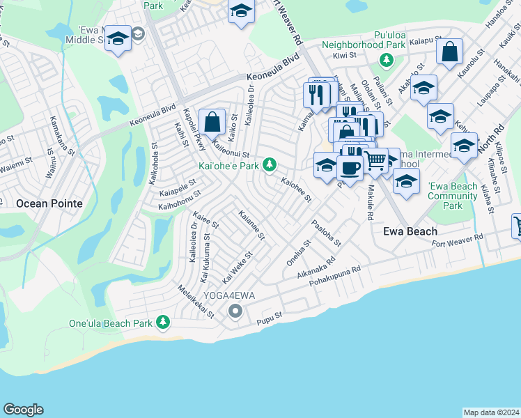 map of restaurants, bars, coffee shops, grocery stores, and more near 91-1184 Kaimalie Street in Ewa Beach