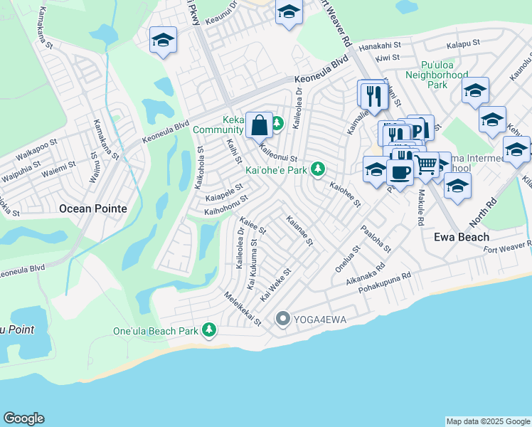map of restaurants, bars, coffee shops, grocery stores, and more near 91-1028 Kai Kukuma Street in Ewa Beach