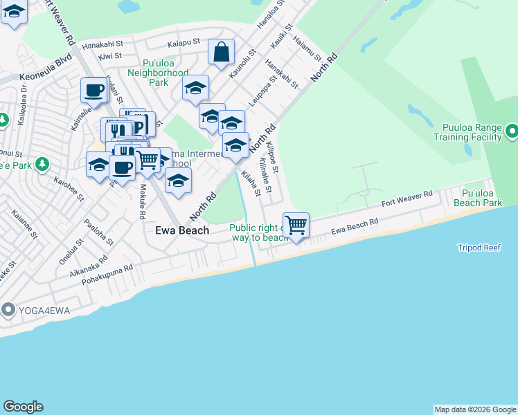 map of restaurants, bars, coffee shops, grocery stores, and more near 91-652 Kilaha Street in Ewa Beach
