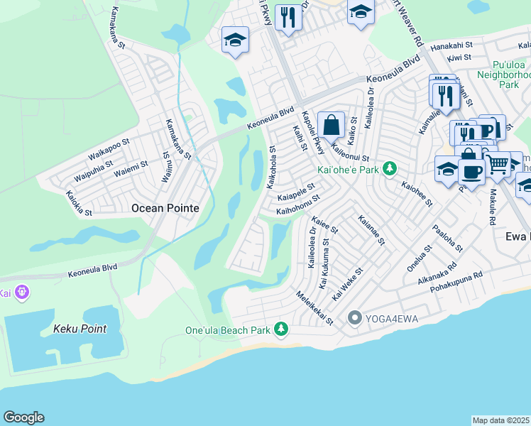 map of restaurants, bars, coffee shops, grocery stores, and more near 91-1113 Kaihohonu Street in Ewa Beach
