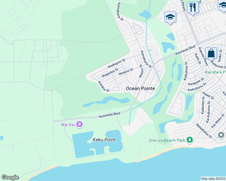 map of restaurants, bars, coffee shops, grocery stores, and more near Kaiokia Street in Ewa Beach