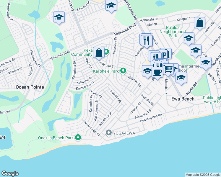 map of restaurants, bars, coffee shops, grocery stores, and more near 91-1009 Kaianae Street in Ewa Beach