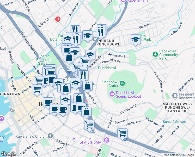 map of restaurants, bars, coffee shops, grocery stores, and more near 150 Prospect Street in Honolulu