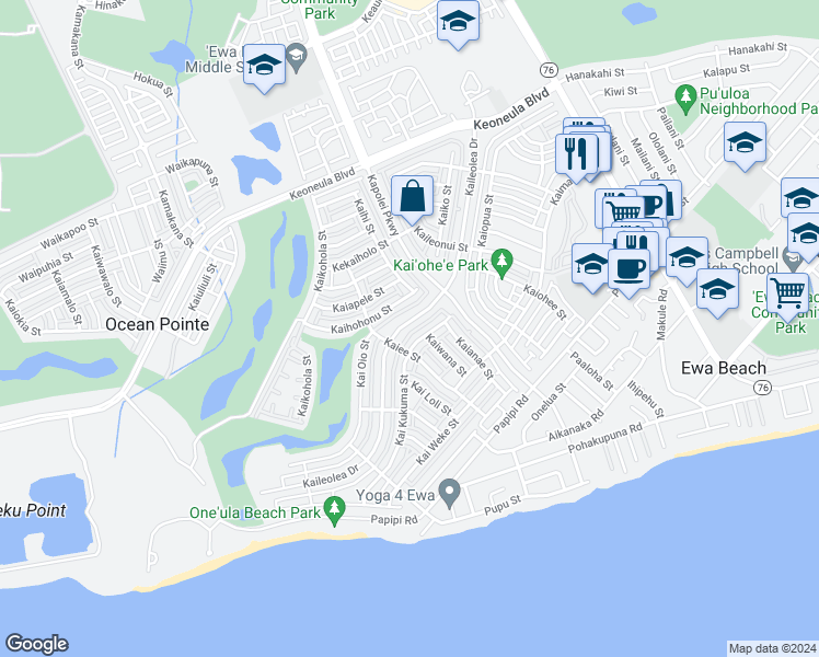 map of restaurants, bars, coffee shops, grocery stores, and more near 91-1197 Kaileolea Drive in Ewa Beach