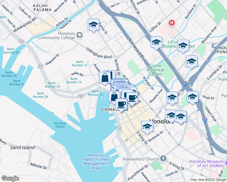 map of restaurants, bars, coffee shops, grocery stores, and more near 935 River Street in Honolulu
