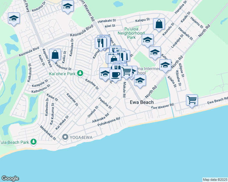 map of restaurants, bars, coffee shops, grocery stores, and more near 91-673 Laukona Loop in Ewa Beach