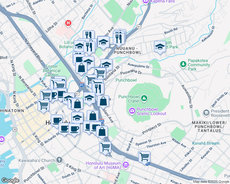map of restaurants, bars, coffee shops, grocery stores, and more near 150 Prospect Street in Honolulu