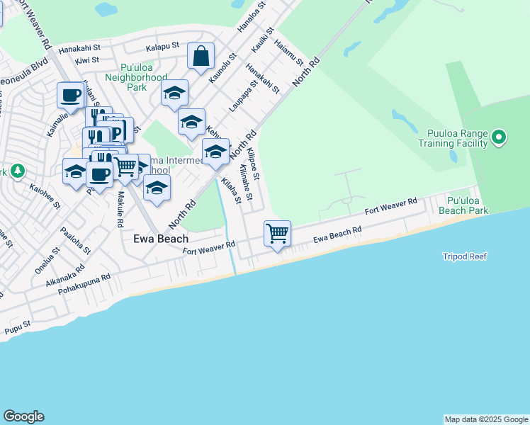 map of restaurants, bars, coffee shops, grocery stores, and more near 91-611 Kilaha Street in Ewa Beach