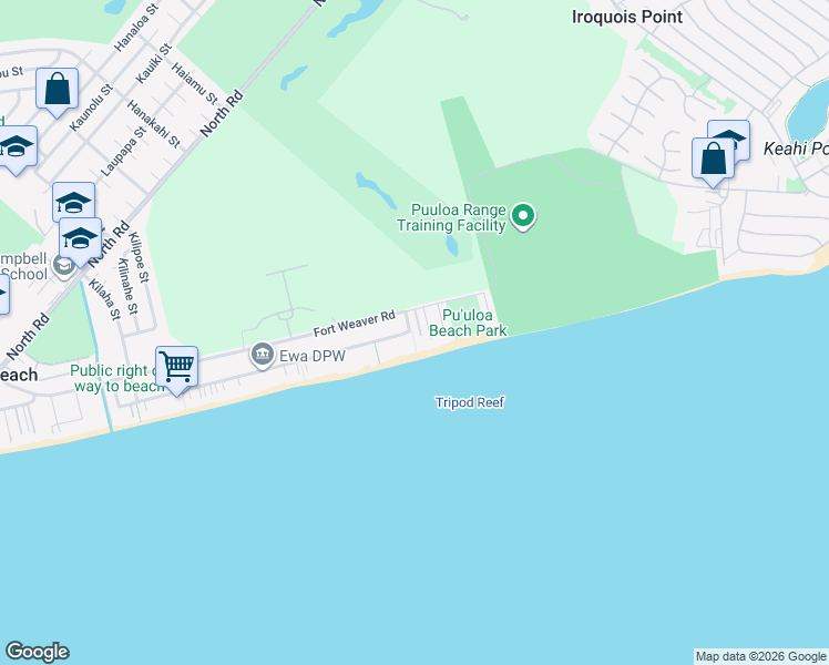 map of restaurants, bars, coffee shops, grocery stores, and more near 91-105 Fort Weaver Road in Ewa Beach
