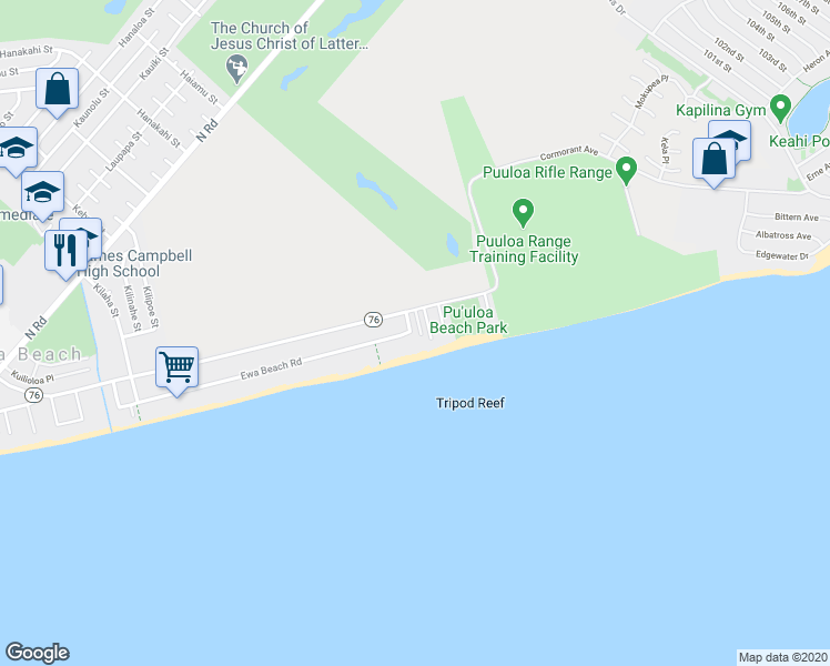 map of restaurants, bars, coffee shops, grocery stores, and more near 91-127 Ewa Beach Road in Ewa Beach