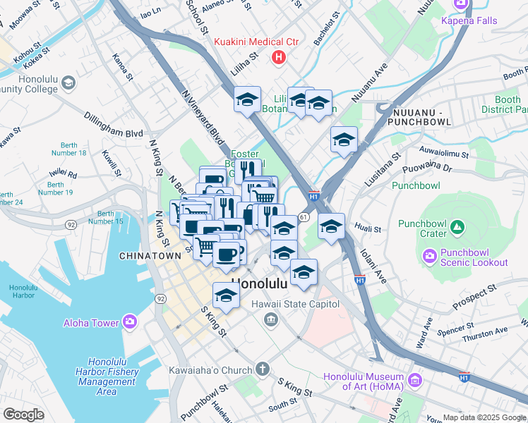 map of restaurants, bars, coffee shops, grocery stores, and more near 1323 Nuuanu Avenue in Honolulu