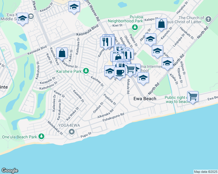 map of restaurants, bars, coffee shops, grocery stores, and more near 91-513 Papipi Road in Ewa Beach