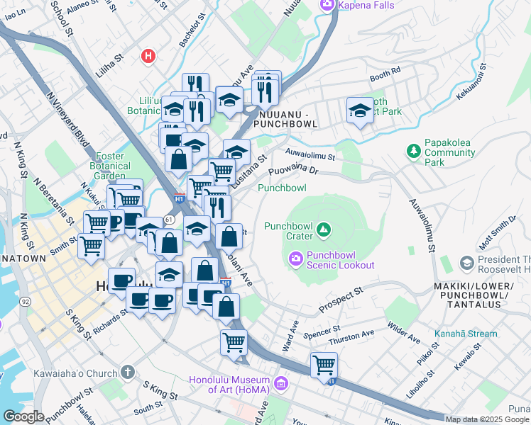map of restaurants, bars, coffee shops, grocery stores, and more near 150 Prospect Street in Honolulu