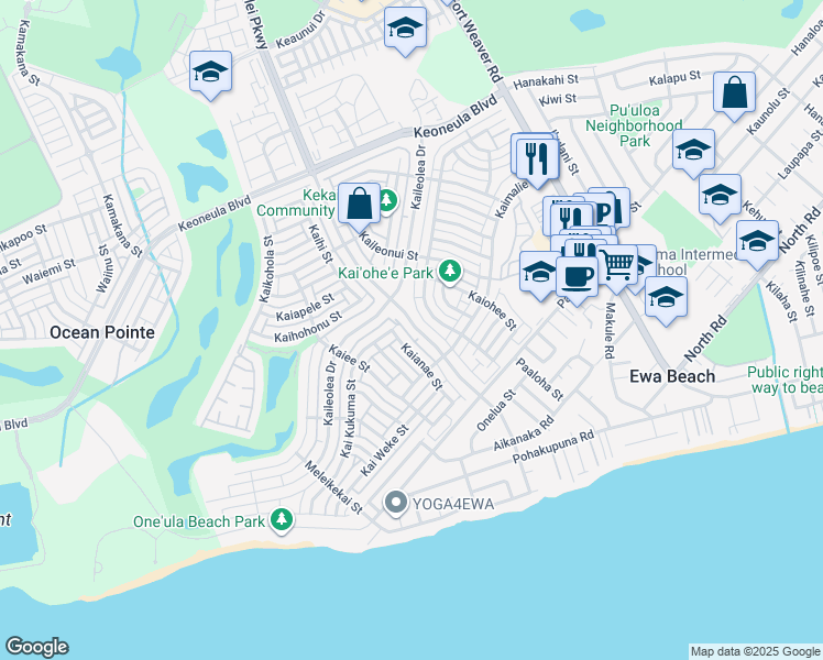 map of restaurants, bars, coffee shops, grocery stores, and more near 91-6565 Kapolei Parkway in Ewa Beach