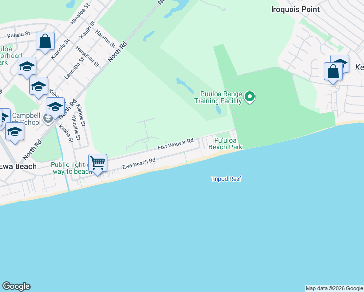 map of restaurants, bars, coffee shops, grocery stores, and more near 91-163 Ewa Beach Road in Ewa Beach