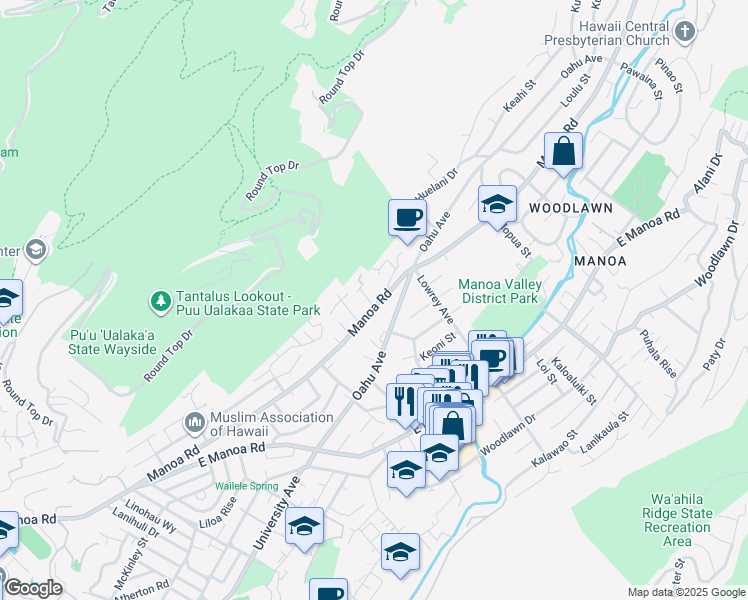 map of restaurants, bars, coffee shops, grocery stores, and more near 2925 Manoa Road in Honolulu