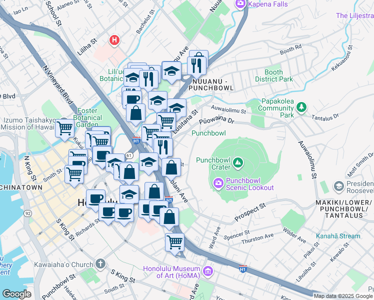 map of restaurants, bars, coffee shops, grocery stores, and more near 217 Prospect Street in Honolulu