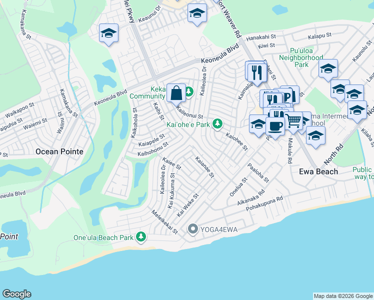 map of restaurants, bars, coffee shops, grocery stores, and more near 91-1014 Kaikukuma Street in Ewa Beach