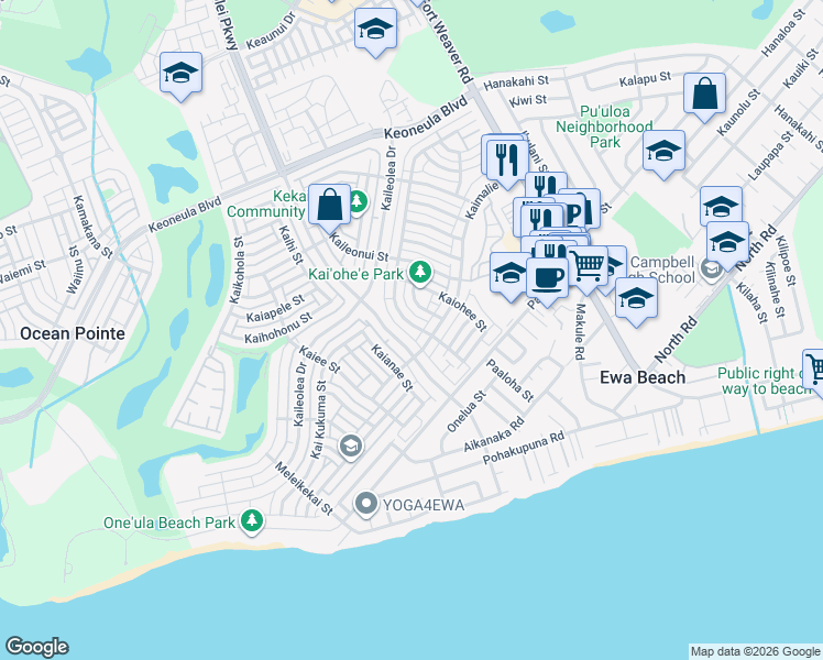 map of restaurants, bars, coffee shops, grocery stores, and more near 91-1184 Kaimalie Street in Ewa Beach