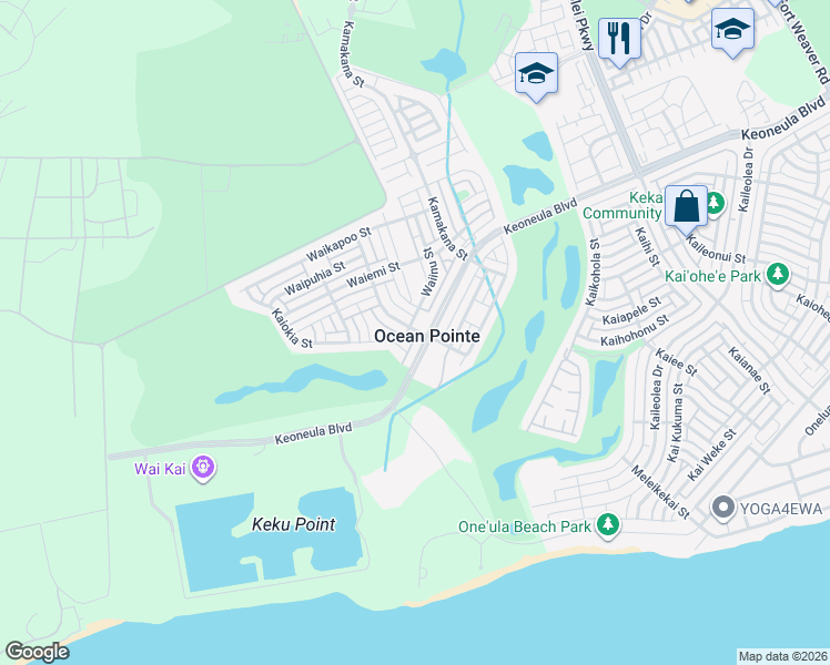 map of restaurants, bars, coffee shops, grocery stores, and more near 91 Kaiwawalo Street in Ewa Beach