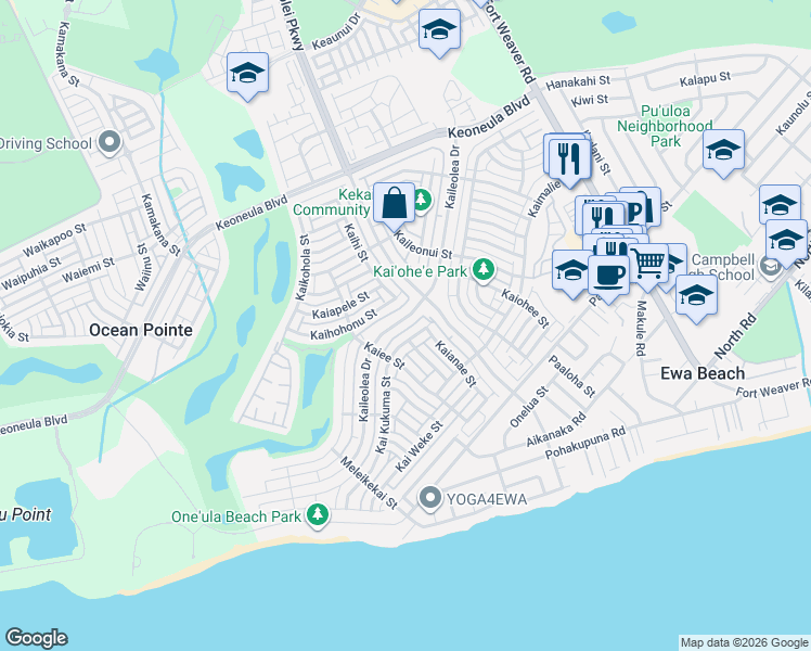 map of restaurants, bars, coffee shops, grocery stores, and more near 91-1014 Kai Kukuma Street in Ewa Beach