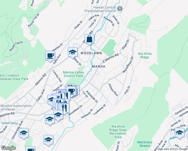 map of restaurants, bars, coffee shops, grocery stores, and more near 3135 Kahiwa Place in Honolulu