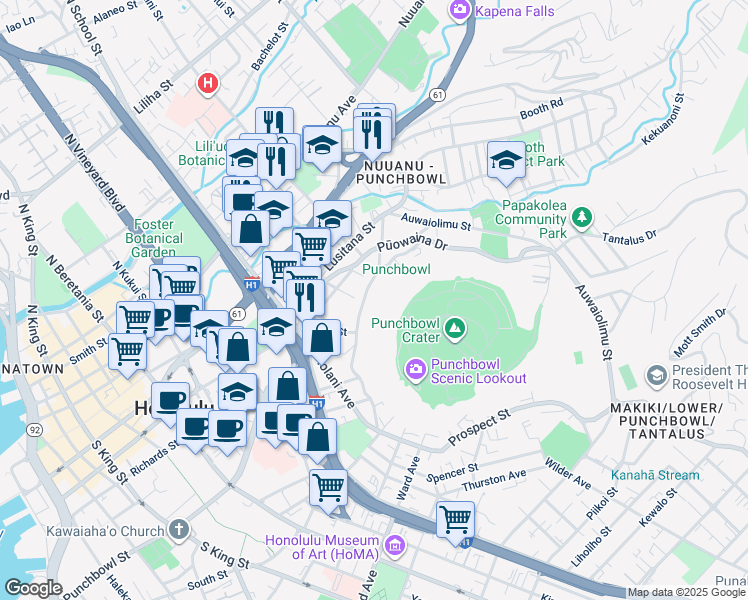map of restaurants, bars, coffee shops, grocery stores, and more near 150 Prospect Street in Honolulu