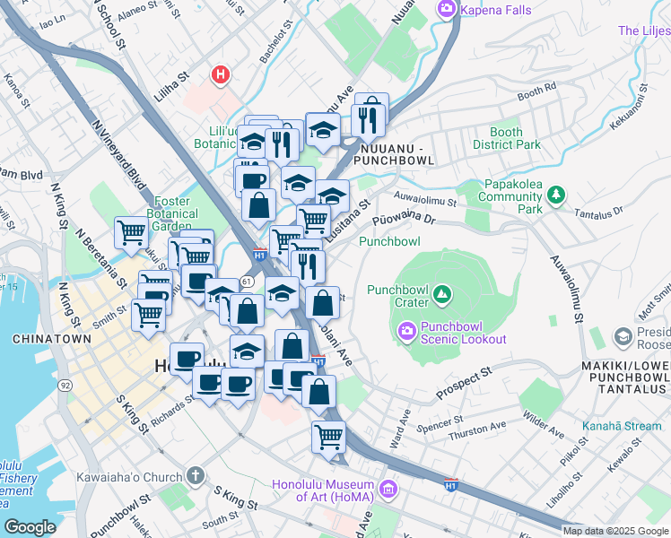 map of restaurants, bars, coffee shops, grocery stores, and more near 217 Prospect Street in Honolulu