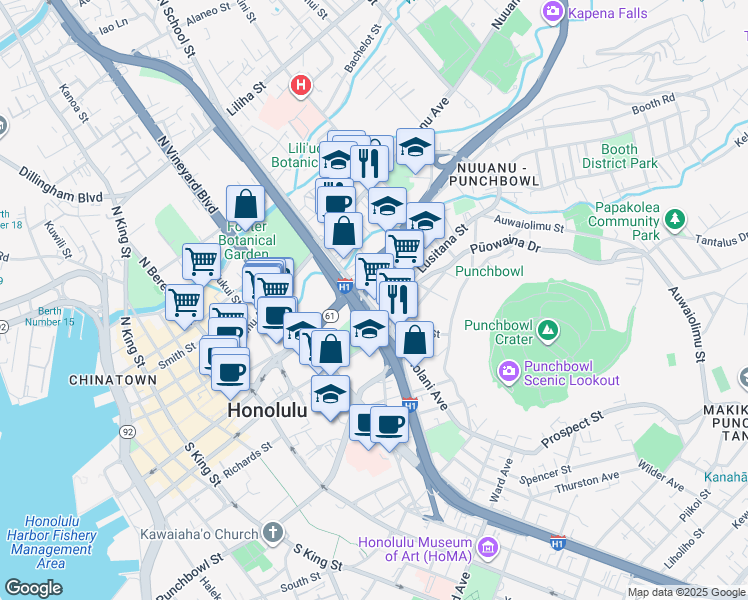 map of restaurants, bars, coffee shops, grocery stores, and more near 60 South School Street in Honolulu