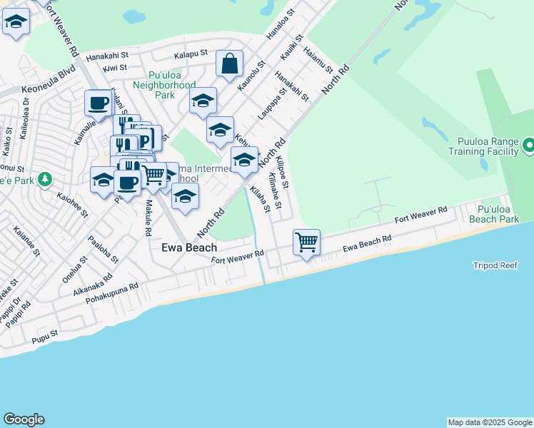map of restaurants, bars, coffee shops, grocery stores, and more near 91-695 Kilaha Street in Ewa Beach