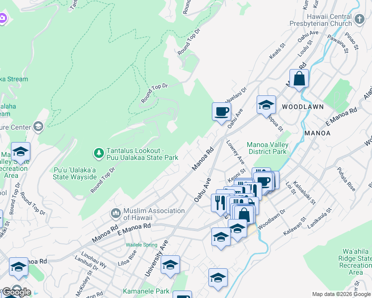 map of restaurants, bars, coffee shops, grocery stores, and more near 2884 Komaia Place in Honolulu
